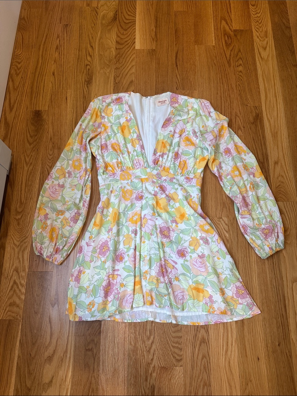 Showpo Pastel Floral Deep V Mini Dress in White, Yellow & Pink